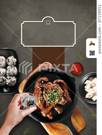 Korean spicy chicken feet, rice ball and soju Korean spicy chicken feet, rice ball and soju 87138951