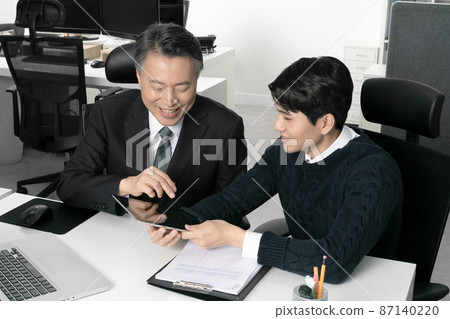 business concept asian korean old and young two men, different generations male man boss and employee concept, meeting 87140220