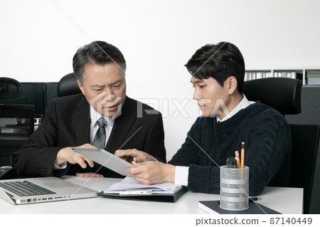 business concept asian korean old and young two men, different generations male man boss and employee concept, meeting business concept asian korean old and young two men, different generations male man boss and employee concept, meeting 87140449
