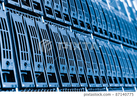 Row of hard disks used for data storage in internet data center 87140775