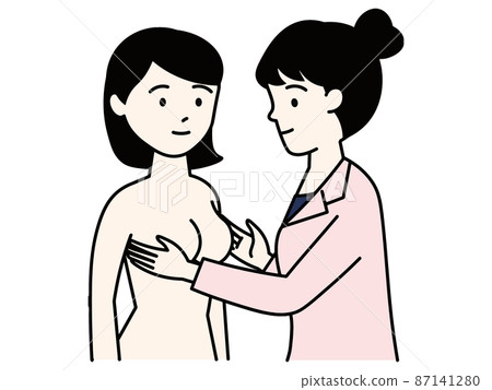 Shirtless female who is diagnosed by a female doctor Gynecological examination Palpation Breast cancer examination Breast milk outpatient Shirtless female who is diagnosed by a female doctor Gynecological examination Palpation Breast cancer examination Breast milk outpatient 87141280