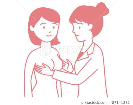 Shirtless female who is diagnosed by a female doctor Gynecological examination Palpation Breast cancer examination Breast milk outpatient Shirtless female who is diagnosed by a female doctor Gynecological examination Palpation Breast cancer examination Breast milk outpatient 87141281