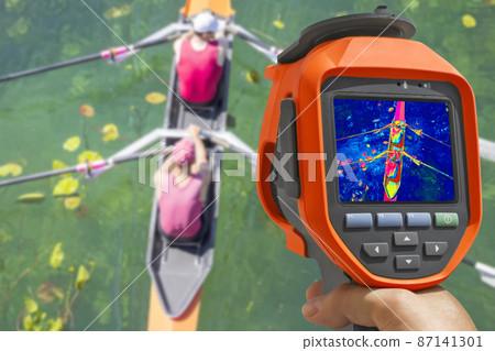 Recording two rowers in a boat, with Infrared Thermal Camera Recording two rowers in a boat, with Infrared Thermal Camera 87141301