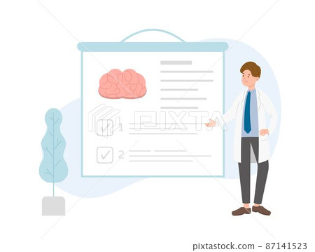 Male paramedic or doctor or experimenter or medical specialist making medical report on brain on stage, medical lecture or conference or seminar 87141523