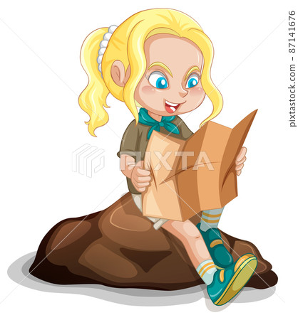 Little girl on rock reading a map 87141676