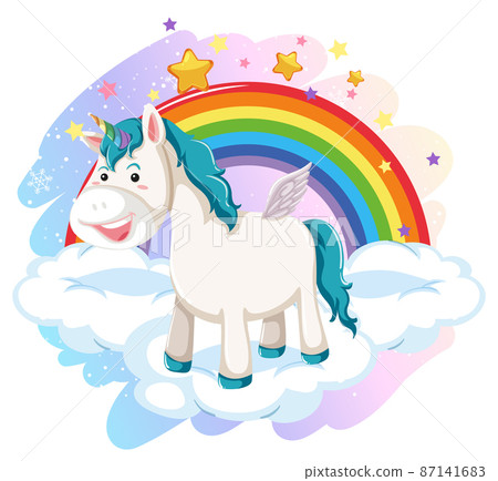 A unicorn standing on a cloud with rainbow - Stock Illustration ...