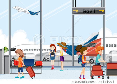 Airport terminal scene with passengers 87141991