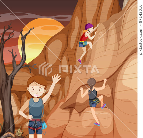 Scene with people climbing rocky moutain 87142016