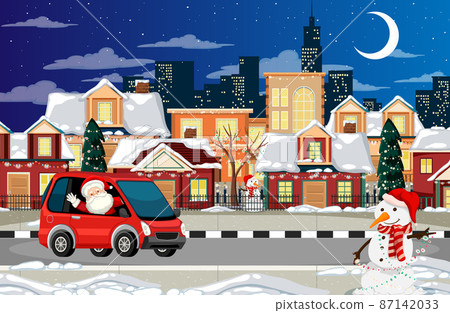 Santa Claus driving car in the town at night scene Santa Claus driving car in the town at night scene 87142033