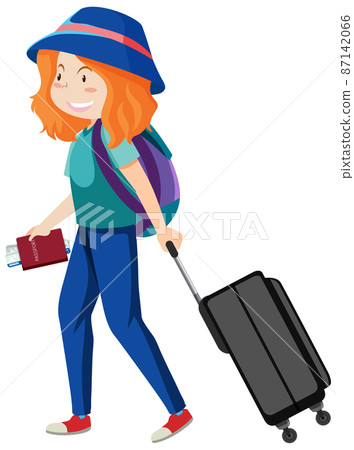 A traveller woman dragging luggage on white background A traveller woman dragging luggage on white background 87142066
