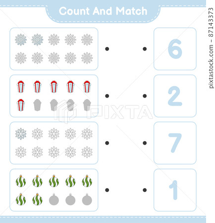Count and match, count the number of Snowflake, Christmas Ball, Gift Box and match with the right numbers. Educational children game, printable worksheet, vector illustration Count and match, count the number of Snowflake, Christmas Ball, Gift Box and match with the right numbers. Educational children game, printable worksheet, vector illustration 87143373