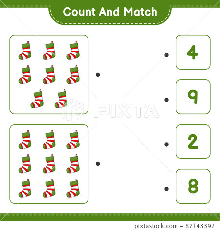 Count and match, count the number of Christmas Sock and match with the right numbers. Educational children game, printable worksheet, vector illustration 87143392