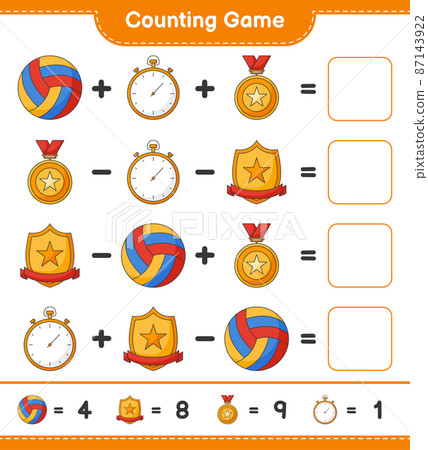 Count and match, count the number of Stopwatch, Trophy, Volleyball and match with the right numbers. Educational children game, printable worksheet, vector illustration Count and match, count the number of Stopwatch, Trophy, Volleyball and match with the right numbers. Educational children game, printable worksheet, vector illustration 87143922