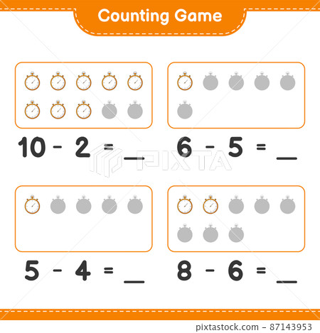 Count and match, count the number of Stopwatch and match with the right numbers. Educational children game, printable worksheet, vector illustration Count and match, count the number of Stopwatch and match with the right numbers. Educational children game, printable worksheet, vector illustration 87143953