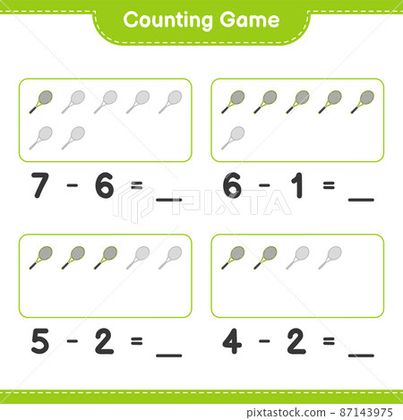 Count and match, count the number of Tennis Racket and match with the right numbers. Educational children game, printable worksheet, vector illustration 87143975