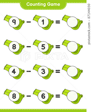 Count and match, count the number of Whistle and match with the right numbers. Educational children game, printable worksheet, vector illustration 87144030