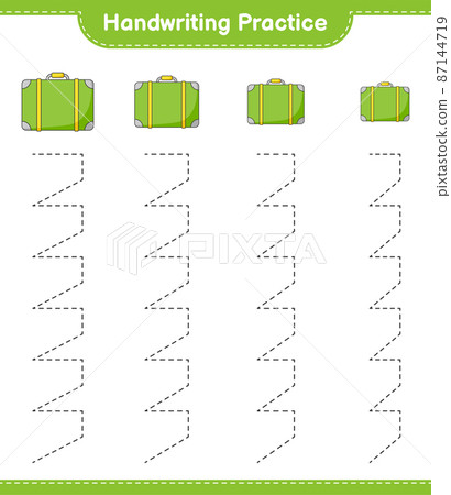 Handwriting practice. Tracing lines of Luggage. Educational children game, printable worksheet, vector illustration Handwriting practice. Tracing lines of Luggage. Educational children game, printable worksheet, vector illustration 87144719