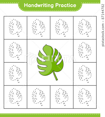 Handwriting practice. Tracing lines of Monstera. Educational children game, printable worksheet, vector illustration 87144782