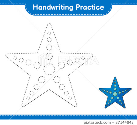 Handwriting practice. Tracing lines of Starfish. Educational children game, printable worksheet, vector illustration Handwriting practice. Tracing lines of Starfish. Educational children game, printable worksheet, vector illustration 87144842
