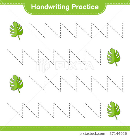 Handwriting practice. Tracing lines of Monstera. Educational children game, printable worksheet, vector illustration Handwriting practice. Tracing lines of Monstera. Educational children game, printable worksheet, vector illustration 87144926
