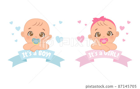 Cute baby boy and girl gender reveal label template. Flat vector cartoon design Cute baby boy and girl gender reveal label template. Flat vector cartoon design 87145705