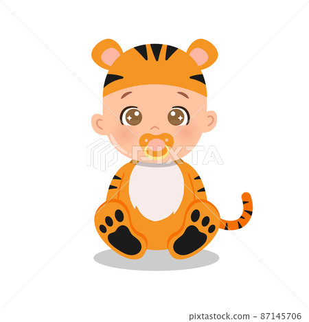 Cute baby in animal costume for the year of tiger. Flat vector cartoon design Cute baby in animal costume for the year of tiger. Flat vector cartoon design 87145706