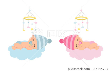Cute sleeping baby boy and girl for gender reveal party. Flat vector cartoon design Cute sleeping baby boy and girl for gender reveal party. Flat vector cartoon design 87145707