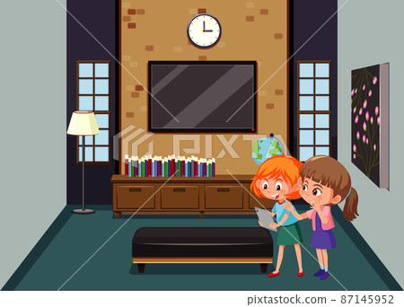 Living room scene with family members Living room scene with family members 87145952