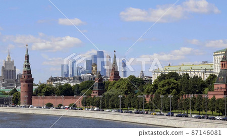 Sunny summer day moscow river bay kremlin 87146081