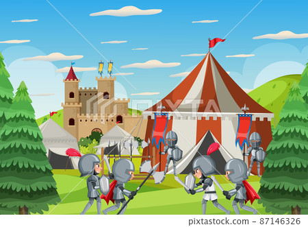 Medieval army camp scene with armour warriors - Stock Illustration ...