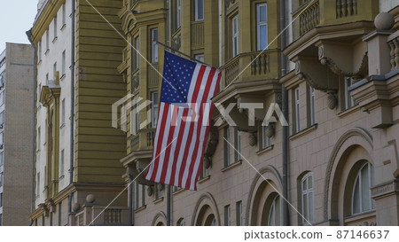 Wrapped around flagpole flag of the USA in Russia Moscow Wrapped around flagpole flag of the USA in Russia Moscow 87146637