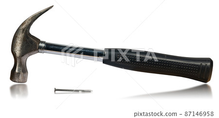 Old Steel Claw Hammer with Rubber Handle and Metal Nail isolated on white Old Steel Claw Hammer with Rubber Handle and Metal Nail isolated on white 87146958