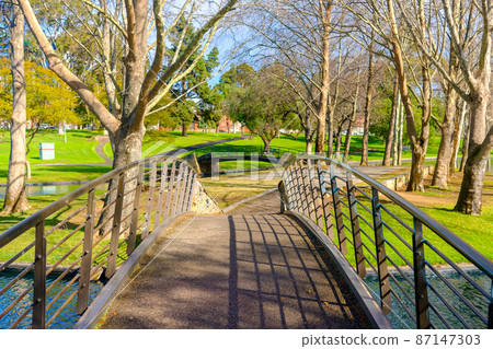 Bridge over the pond at Rymill Park in Adelaide city during winter season Bridge over the pond at Rymill Park in Adelaide city during winter season 87147303
