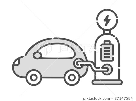 為電動汽車充電的插圖。圖標集。 87147594