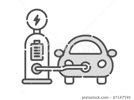 為電動汽車充電的插圖。圖標集。 87147595