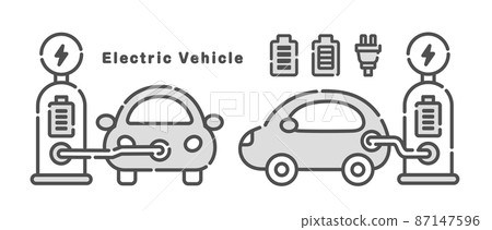 充電時的電動汽車矢量圖。圖標集。 87147596