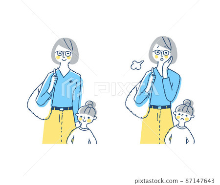 媽媽和女孩微笑和困擾的面部表情上身 媽媽和女孩微笑和困擾的面部表情上身 87147643
