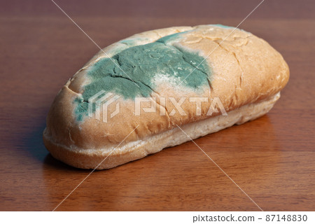 The old mold on the wheat hot-dog bread. Spoiled fast food. The old mold on the wheat hot-dog bread. Spoiled fast food. 87148830