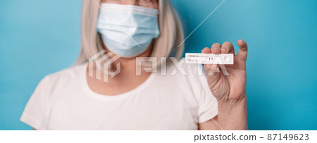Woman in protective medical mask holding an antigen test with positive result for COVID-19 pandemic posing over bright blue color background Woman in protective medical mask holding an antigen test with positive result for COVID-19 pandemic posing over bright blue color background 87149623
