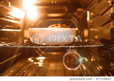 Oven temperature for cooking in a new gas oven. Chicken baked in the oven in a glass pan. Homemade food. Oven temperature for cooking in a new gas oven. Chicken baked in the oven in a glass pan. Homemade food. 87149687