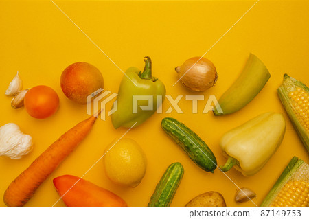 Variety of snacks and sweets on a yellow background. Top view, flat lay. Sweet, dessert, diet concept. Variety of snacks and sweets on a yellow background. Top view, flat lay. Sweet, dessert, diet concept. 87149753