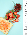 Top view of toast strawberries and jam on isolated pastel background 87150372