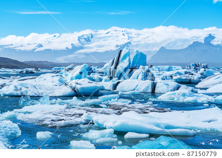 View of frozen Jokulsarlon Glacial Lagoon in summer day in Iceland. 87150779