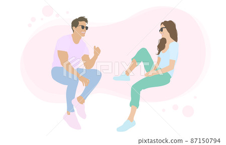 Vector illustrations of men and women who enjoy conversation while facing each other and laughing. Pink background 87150794