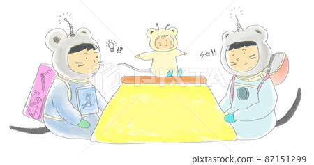 Parent and child of a space mouse relaxing with a kotatsu 87151299