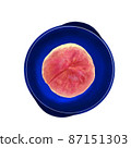 Illustration of a peach in a blue glass container 87151303