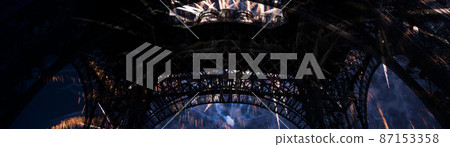 Celebratory colorful fireworks over the Eiffel Tower in Paris, France Celebratory colorful fireworks over the Eiffel Tower in Paris, France 87153358