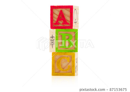 Stack of child's A B C wood blocks on white with reflection Stack of child's A B C wood blocks on white with reflection 87153675