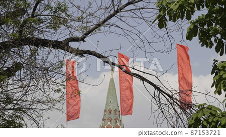 Red flags fluttering in the wind against the blue sky Red flags fluttering in the wind against the blue sky 87153721