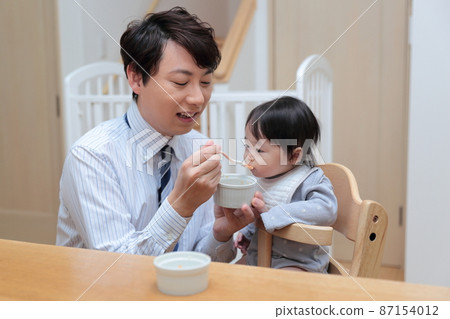 給嬰兒餵食嬰兒食品的上班族的爸爸 給嬰兒餵食嬰兒食品的上班族的爸爸 87154012